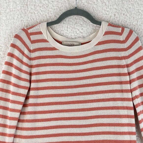 Ann Taylor LOFT Orange Striped Knit Pullover Sweater Womens Crew Neck Size M - Picture 2 of 13